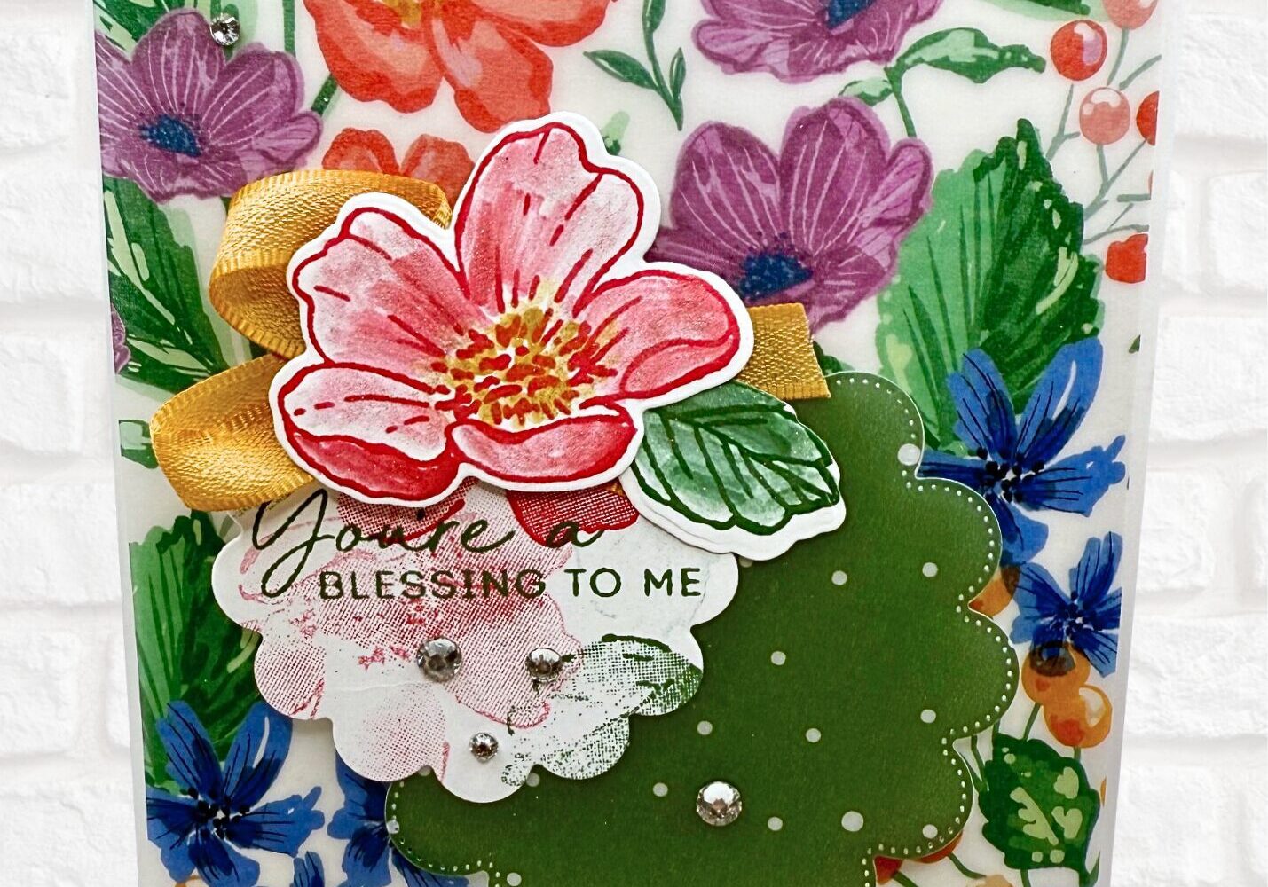 Colorful floral handmade greeting card on easel